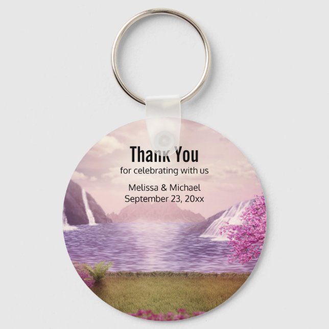 Waterfalls & Cherry Trees by a Lake Wedding Favor Keychain (Front)