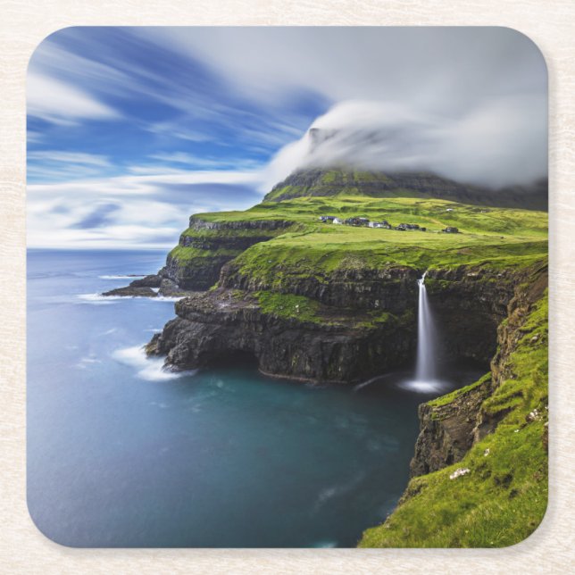 Waterfalls | Faroe Islands, Denmark Square Paper Coaster (Front)