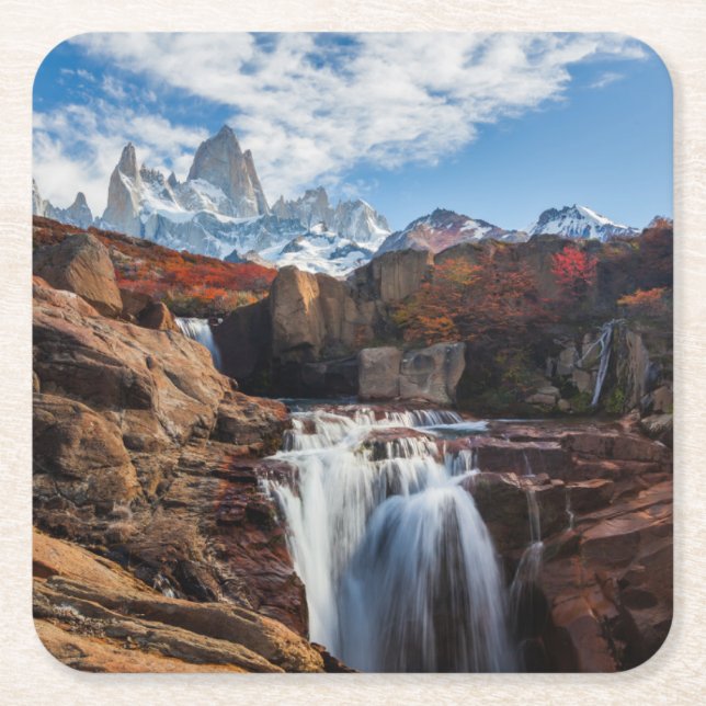 Waterfalls | Fitz Roy Mountain, Argentina Square Paper Coaster (Front)