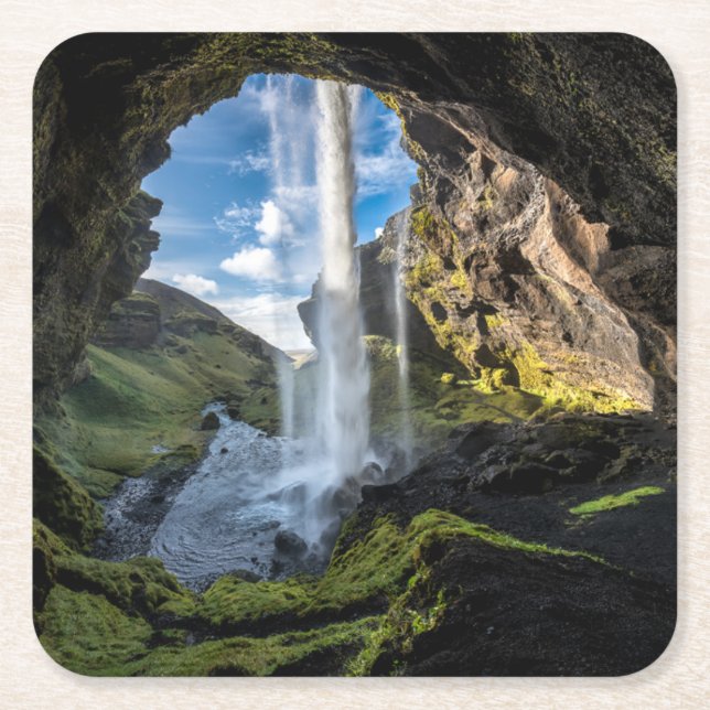 Waterfalls | Icelandic Waterfall Square Paper Coaster (Front)
