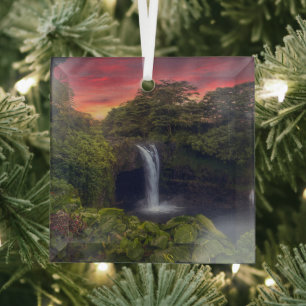Waterfalls Rainbow Falls, Hilo, Hawaii Glass Ornament
