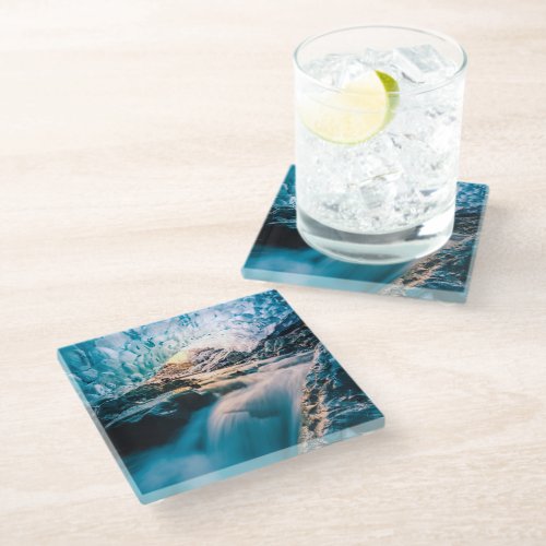 Waterfalls  Vatnajokull Glacier Eastern Iceland Glass Coaster