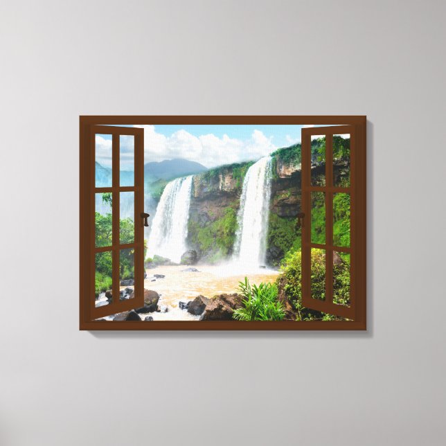 Waterfalls View Faux Window Canvas Print (Front)