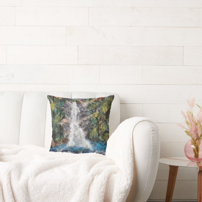 Waterfalls Wool Needle Felting Art Blue  Throw Pillow (Couch)
