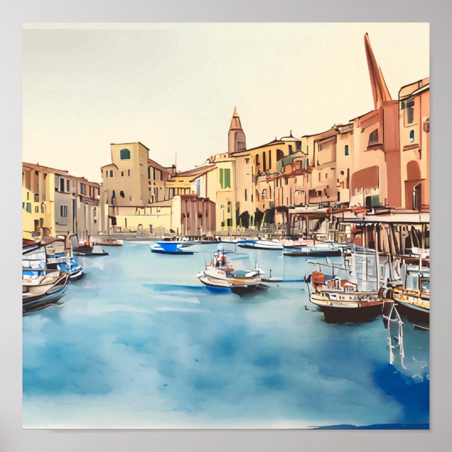 Waterfront And Boats In The Harbor, Italian Poster (Front)
