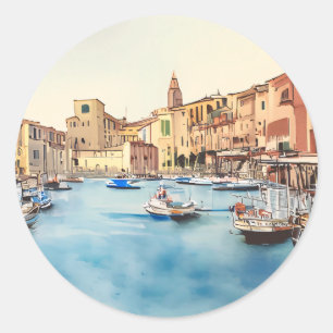 Waterfront And Boats In The Harbour, Italian Classic Round Sticker