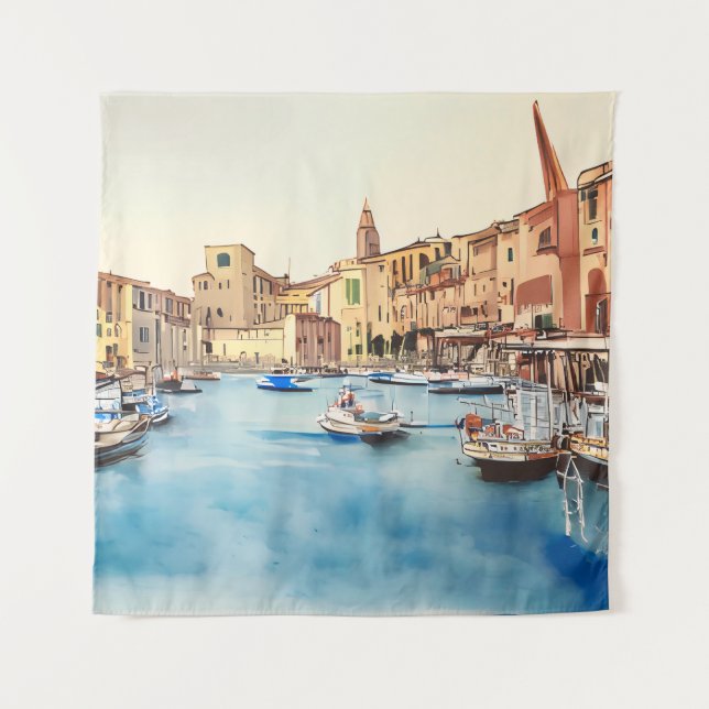 Waterfront And Boats In The Harbour, Italian Tapestry (Front)