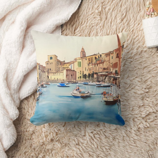 Waterfront And Boats In The Harbour, Italian Throw Pillow (Blanket)