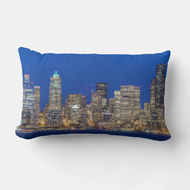 Waterfront and Downtown Skyline at Twilight Lumbar Pillow (Front)
