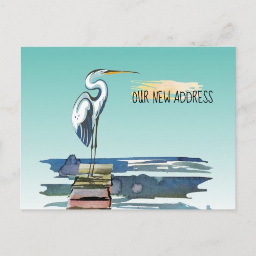 Waterfront Dock Great Blue Heron Aqua New Address Announcement Postcard