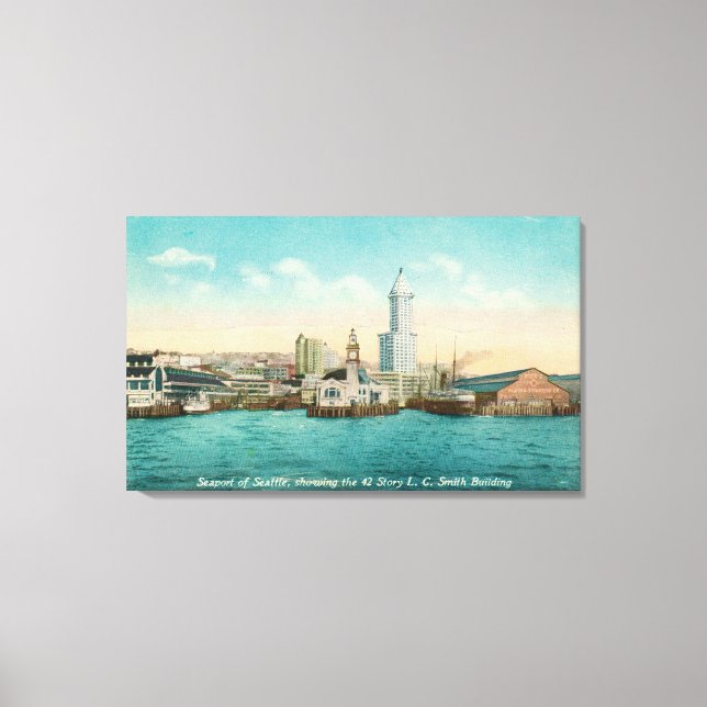 Waterfront View of Port and Smith Tower Canvas Print (Front)