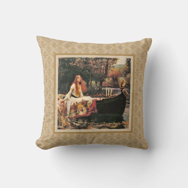 Waterhouse Lady of Shalott Gold Damask Throw Pillow (Front)