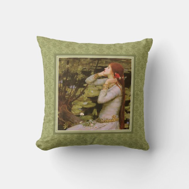 Waterhouse Ophelia Green Damask Throw Pillow (Front)