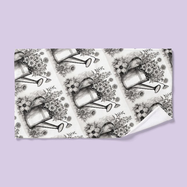 Watering can, Black & white art , Spring Art,  Bath Towel Set (Hand Towel)