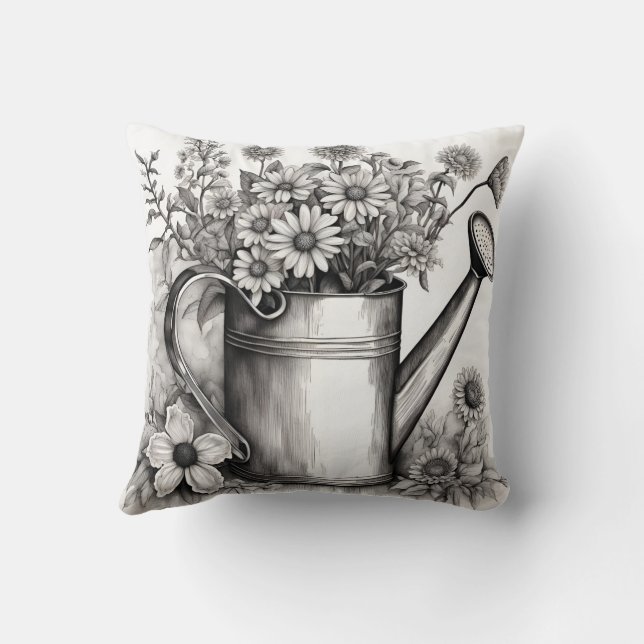 Watering can, Black & white art , Spring Art Throw Pillow (Back)