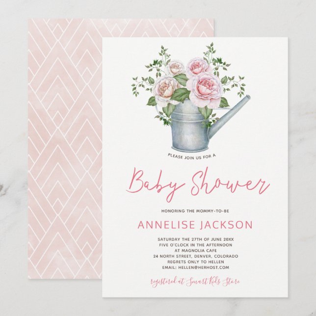 Watering can blush pink roses baby girl shower invitation (Front/Back)