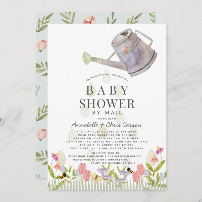 Watering Can Floral Garden Baby Shower by Mail Invitation (Front/Back)