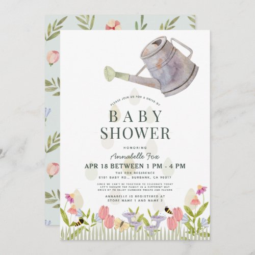 Watering Can Floral Garden Drive_by Baby Shower Invitation