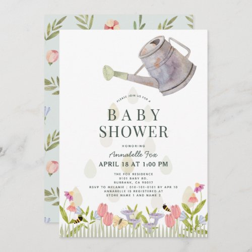 Watering Can Floral Garden Theme Baby Shower Invitation