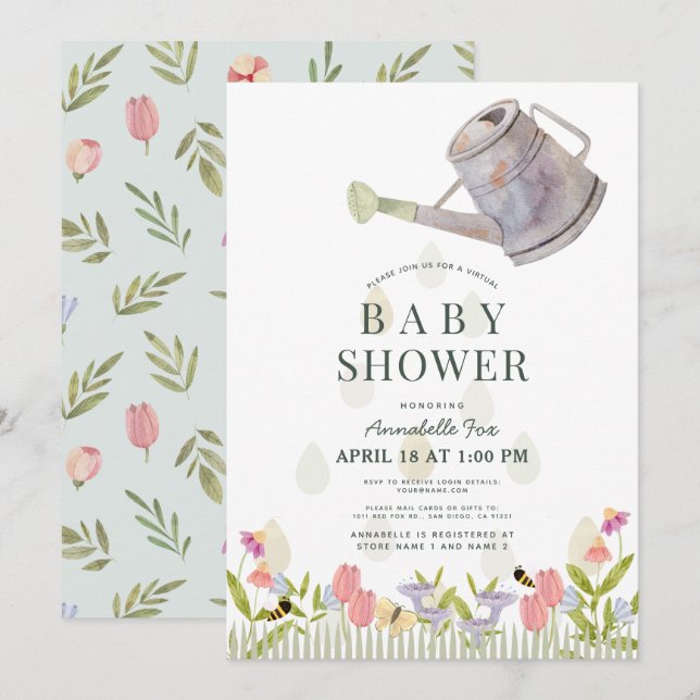 Watering Can Floral Garden Virtual Baby Shower Invitation (Front/Back)