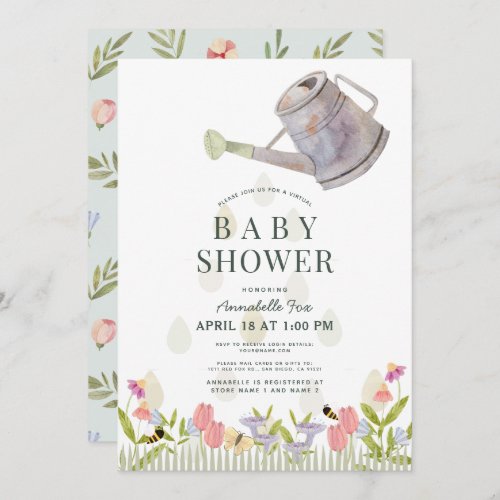 Watering Can Floral Garden Virtual Baby Shower Invitation