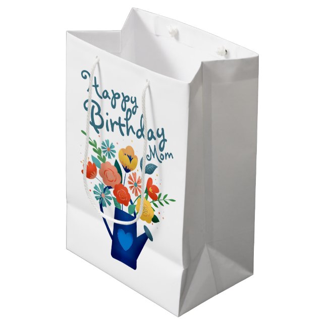 Watering Can Full of Flowers Happy Birthday Mom Medium Gift Bag (Front Angled)
