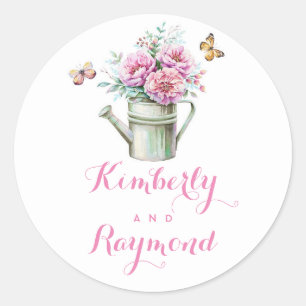 Watering Can Rustic Floral Farm Wedding Classic Round Sticker