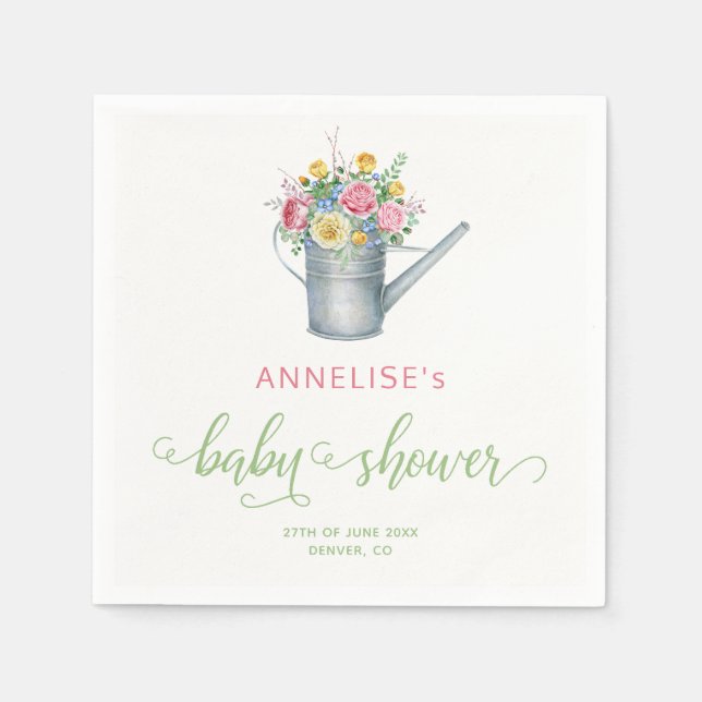 Watering can sage blush pink floral baby shower napkins (Front)