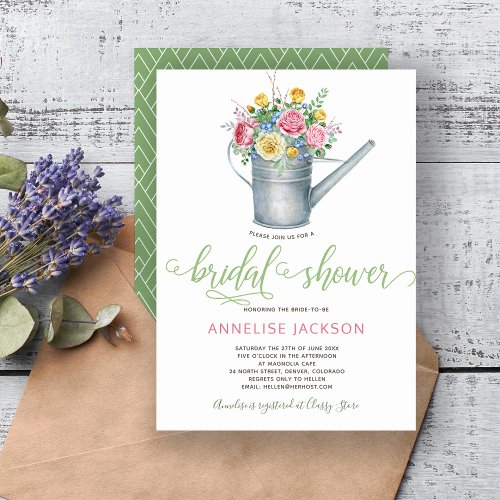 Watering can sage blush pink floral bridal shower invitation