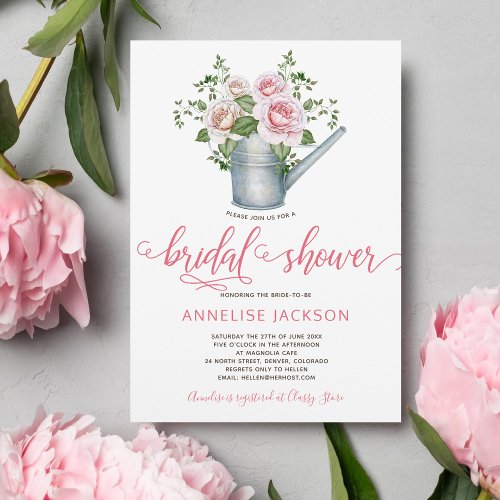 Watering can sage blush pink roses bridal shower invitation