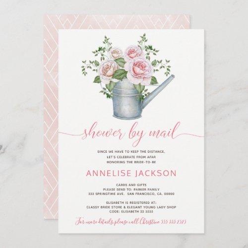 Watering can sage blush pink roses shower by mail invitation