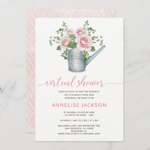 Watering can sage blush roses virtual baby shower invitation