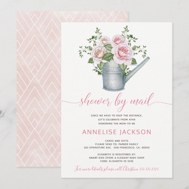 Watering can sage pink roses baby shower by mail invitation (Front/Back)