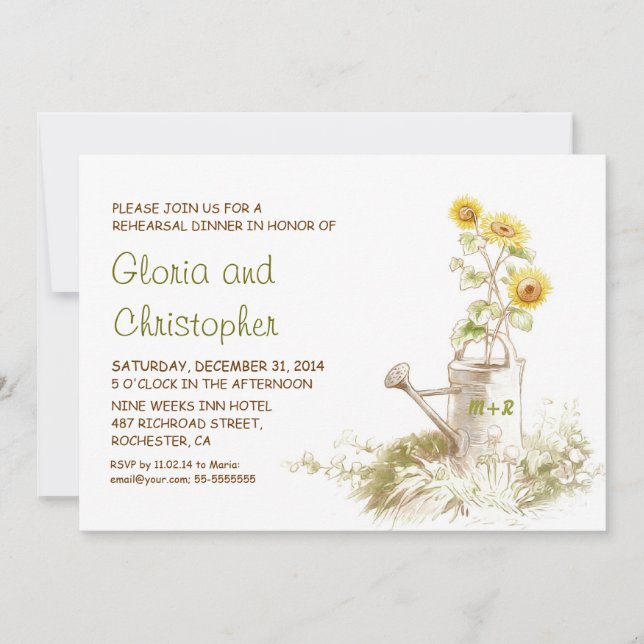 Watering can sunflowers rehearsal dinner invites (Front)