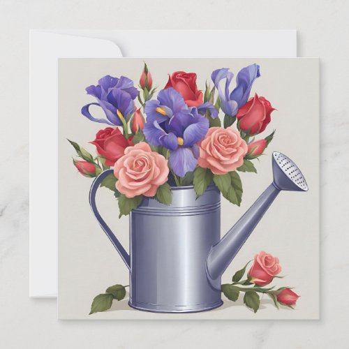 Watering Can with Colorful Garden Flowers  Card