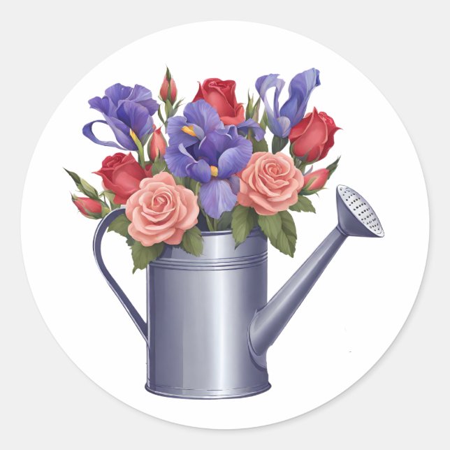 Watering Can with Colorful Garden Flowers  Classic Round Sticker (Front)