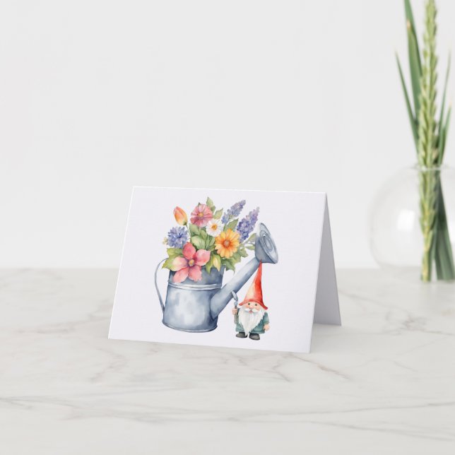 Watering Can with Flowers and Garden Gnome  Card (Front)