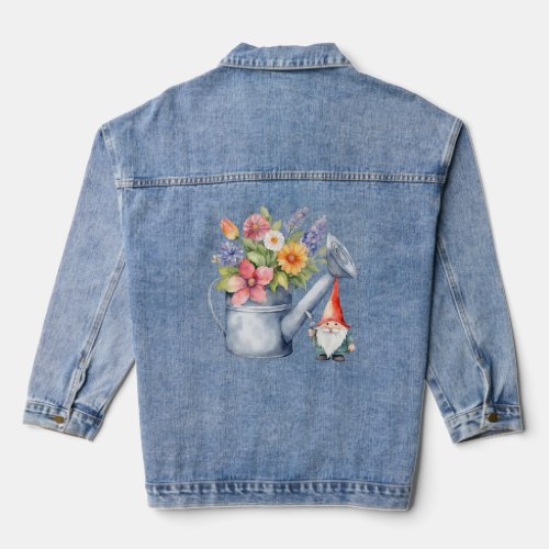 Watering Can with Flowers and Garden Gnome  Denim Jacket