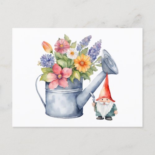 Watering Can with Flowers and Garden Gnome  Postcard