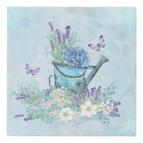 Watering Can With Summertime Flowers  Butterflies Faux Canvas Print