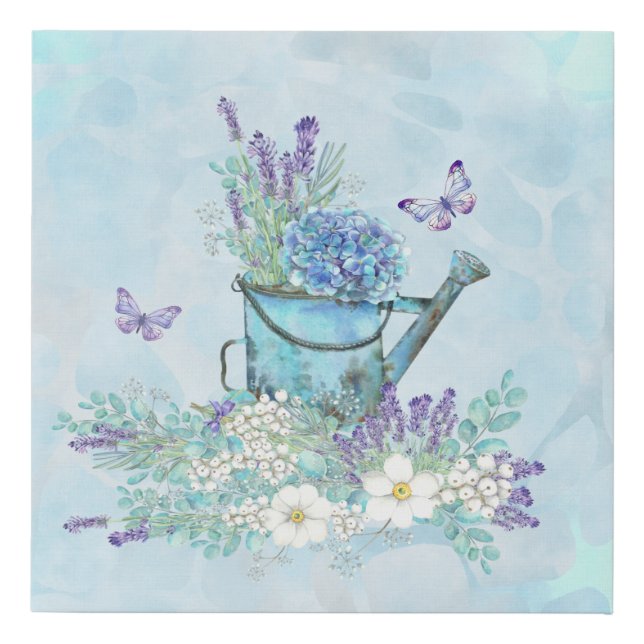 Watering Can With Summertime Flowers & Butterflies Faux Canvas Print (Front)