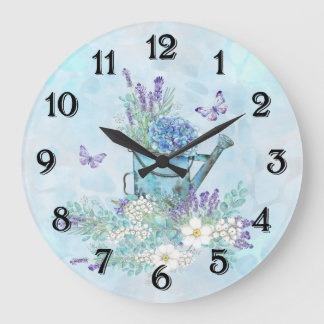 Watering Can With Summertime Flowers & Butterflies Large Clock