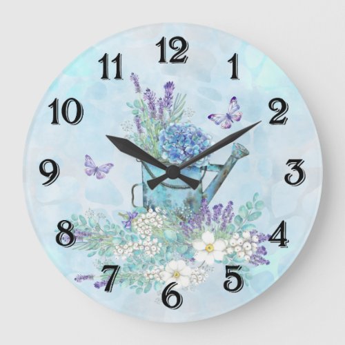 Watering Can With Summertime Flowers  Butterflies Large Clock