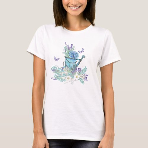 Watering Can With Summertime Flowers  Butterflies T_Shirt