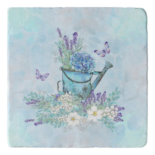 Watering Can With Summertime Flowers & Butterflies Trivet (Front)