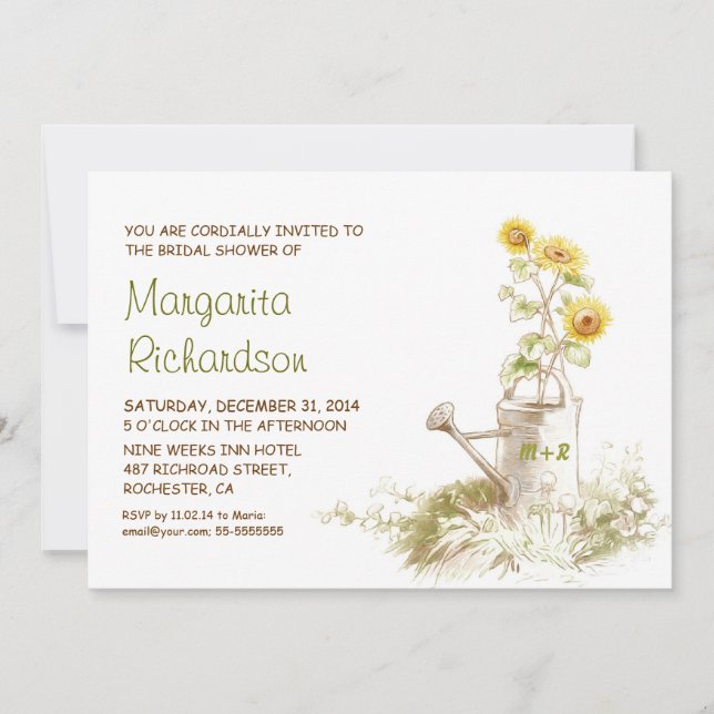 Watering can with sunflowers bridal shower invites (Front)
