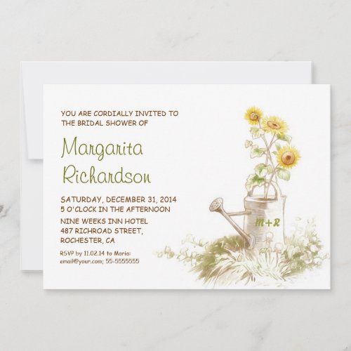 Watering can with sunflowers bridal shower invites