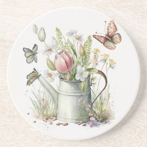 Watering Can With Tulips and Butterflies  Coaster