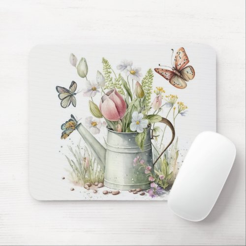 Watering Can With Tulips and Butterflies Mouse Pad