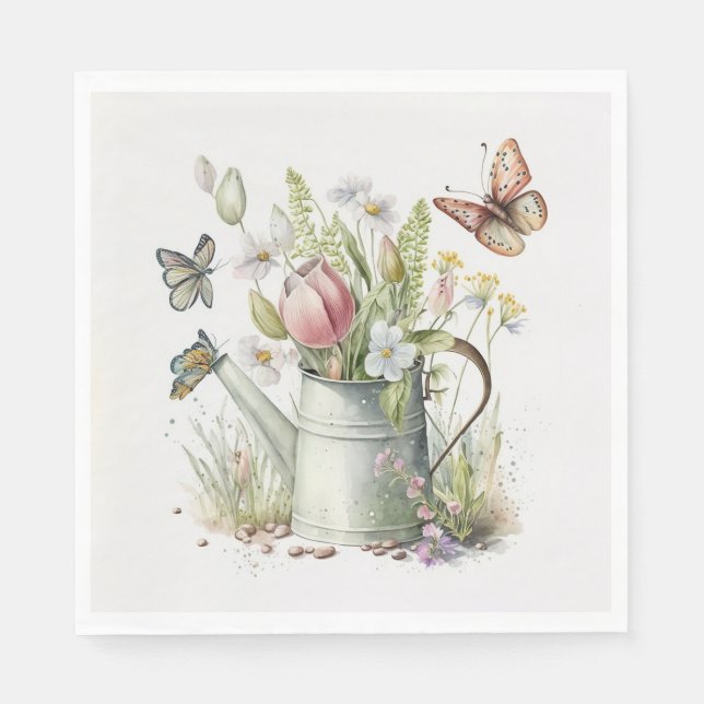 Watering Can With Tulips and Butterflies Napkins (Front)
